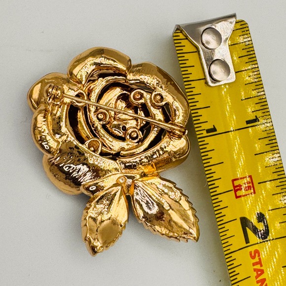 Mens Red Crystal Rose Lapel Brooch Gold Tone Green Leaf Rhinestone Statement Pin - Picture 6 of 8